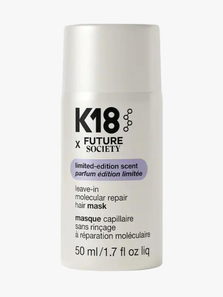 K18 x Future Society Floating Forest Leave-In Molecular Repair Hair Mask  in branded component on a light gray background